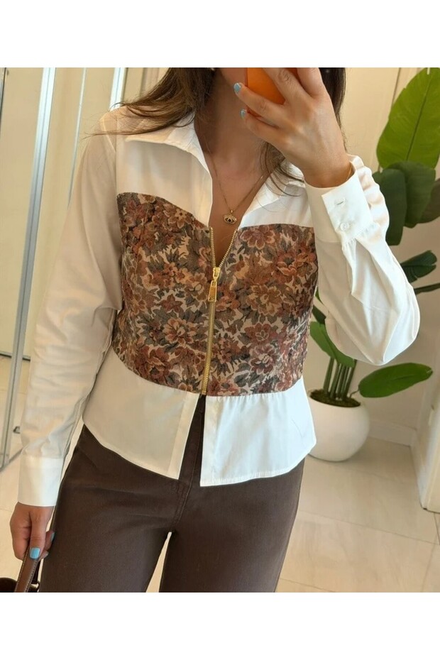 Bebe Plus Tapestry Patterned Zippered Oversize Women's Shirt Wide Collar Long Sleeve Stylish Shirt