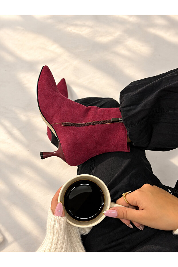 Vienna Burgundy Suede Pointed Toe 5 cm Thin Heel Women's Boots Botti̇e