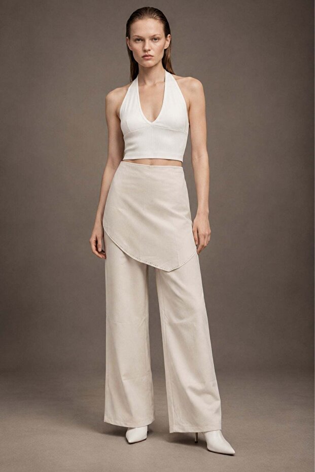 Straight-Cut Linen Trousers with Side Scarf Detail
