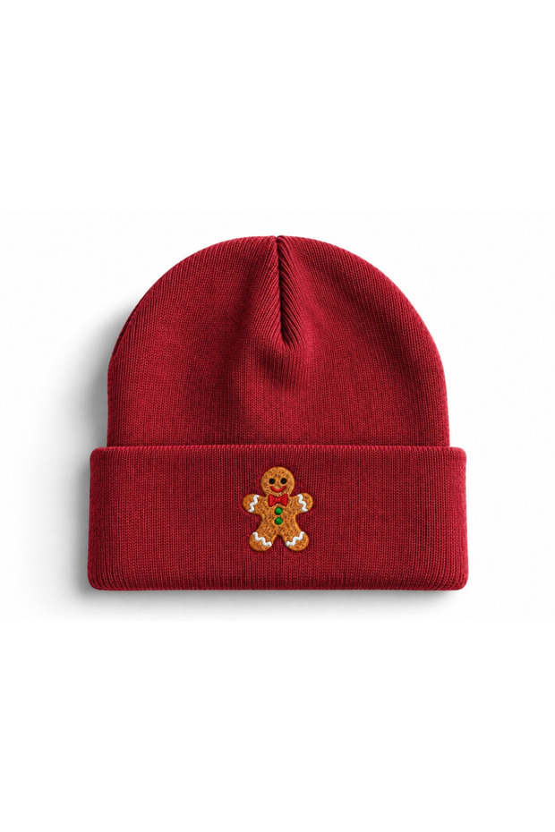 Gingerbread Design Embroidered Cotton Winter Beanie - Gingerbread Embroidered Christmas Themed Winter Design Beanie