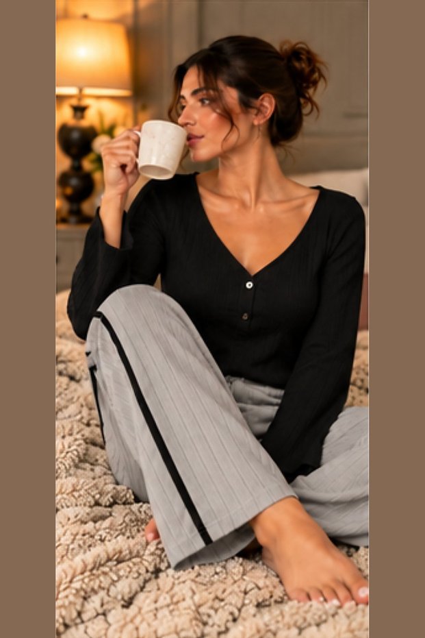 Gray Cotton V-Neck Button Detailed Striped Wide Leg Pajama Set