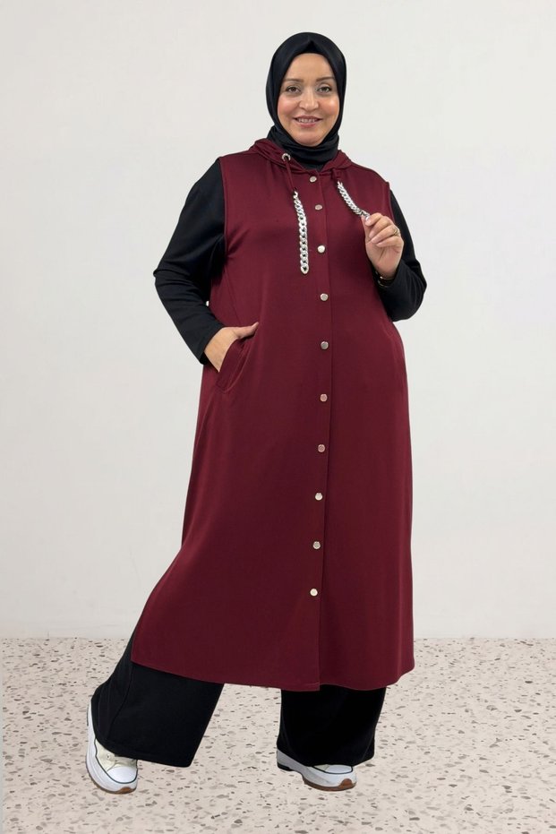 64005 Large Size Buttoned Hooded Modal Vest - Burgundy