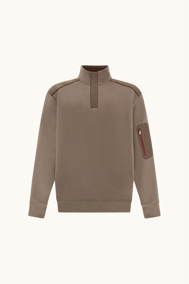 Men's Regular Fit Extra Soft Cotton Half Zipper Sleeve Pocket Detailed Long Sleeve Brown Swea