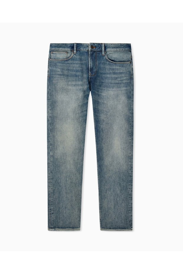 Men's Slim Fit Mid Waist Five-Pocket Flexible Logo Washed Denim Blue Jeans