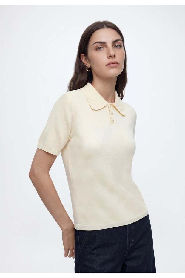 Onlcinderel Women's Polo Collar Short Sleeve Buttoned Knitwear Blouse Birch Ecru