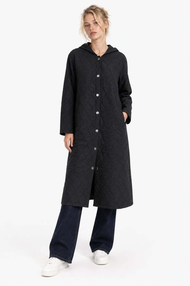 Women's Hooded Snap Fastener Quilted Long Coat