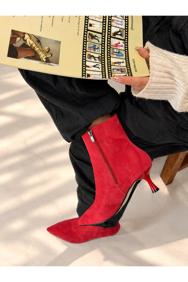 Vienna Red Suede Pointed Toe 5 cm Thin Heel Women's Boots Botties