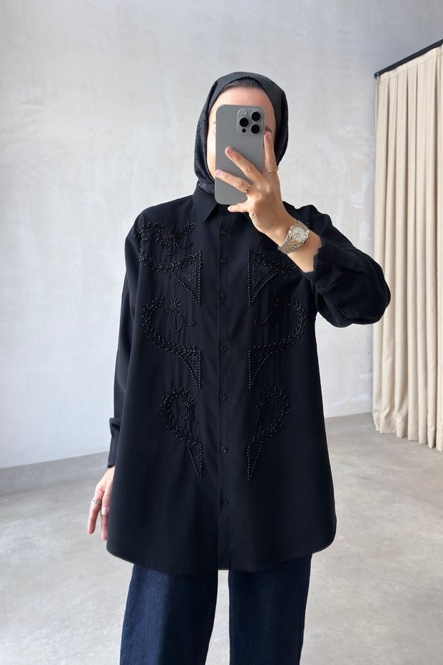 Orion Beaded Embroidered Shirt - Black