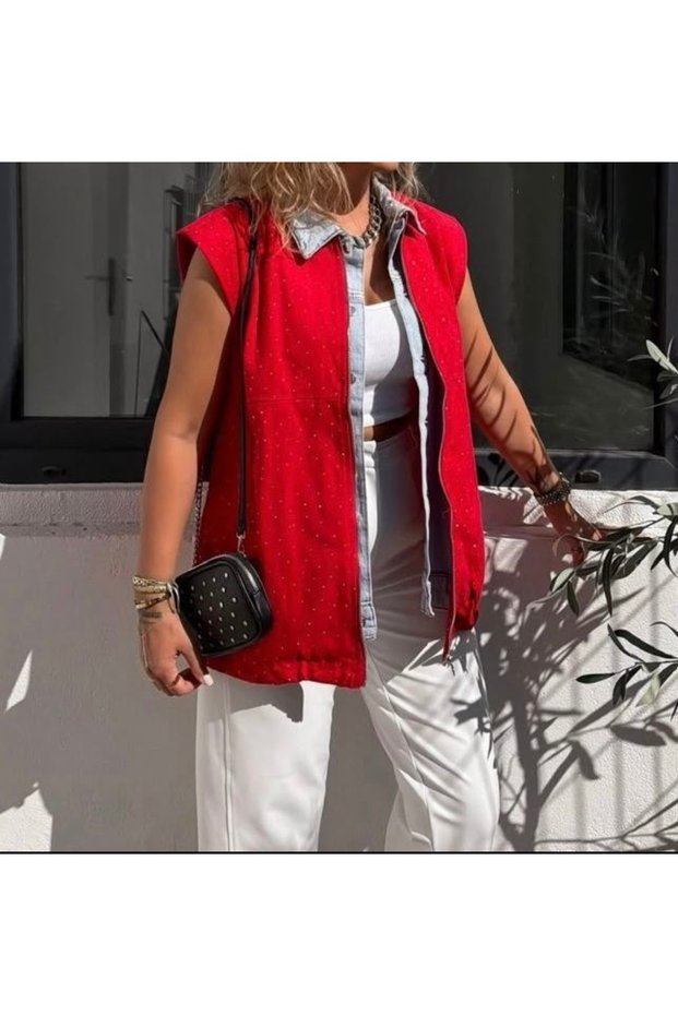 Women's Red Denim Detailed Stoned Zippered Vest