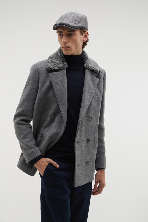 Men's Gray Detachable Collar Double-Breasted Cashmere Jacket