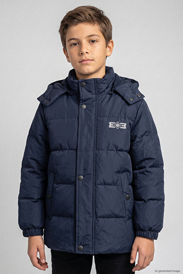 Printed Hooded Plush Lined Boy's Coat - 26K 1055