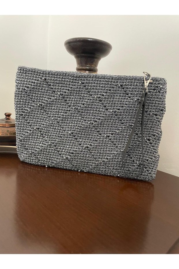 Handmade Glittery Dark Gray Clutch Bag, Handbag, Zippered, Lined