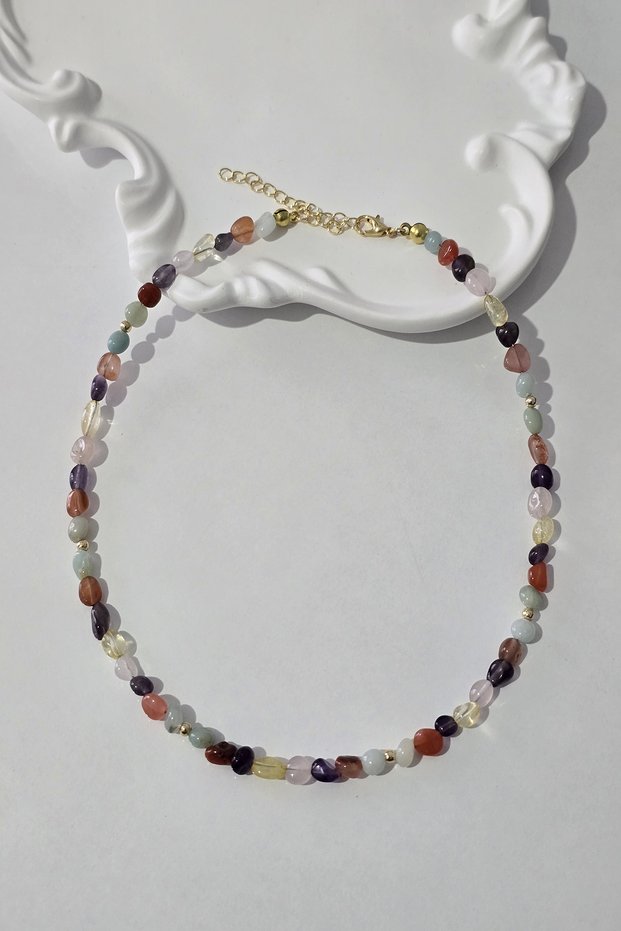 Certified Amorphous Virgo Sign Natural Stone Necklace (Amazonite, Carnelian Agate, Amethyst, Citrine, Pink Quartz)