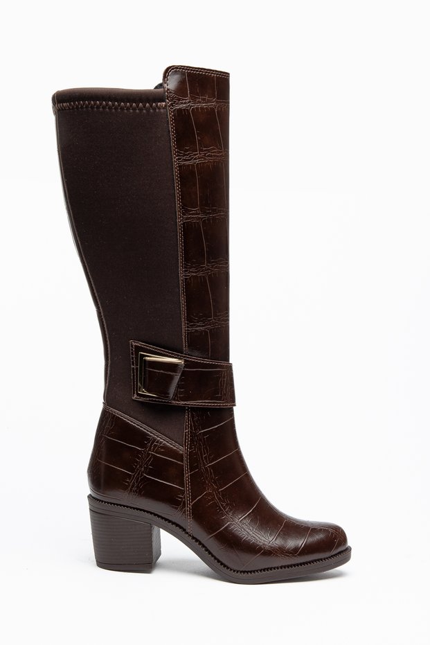 Women's Black Crocodile Patterned Buckle Detailed Thick Heeled Below the Knee Boots