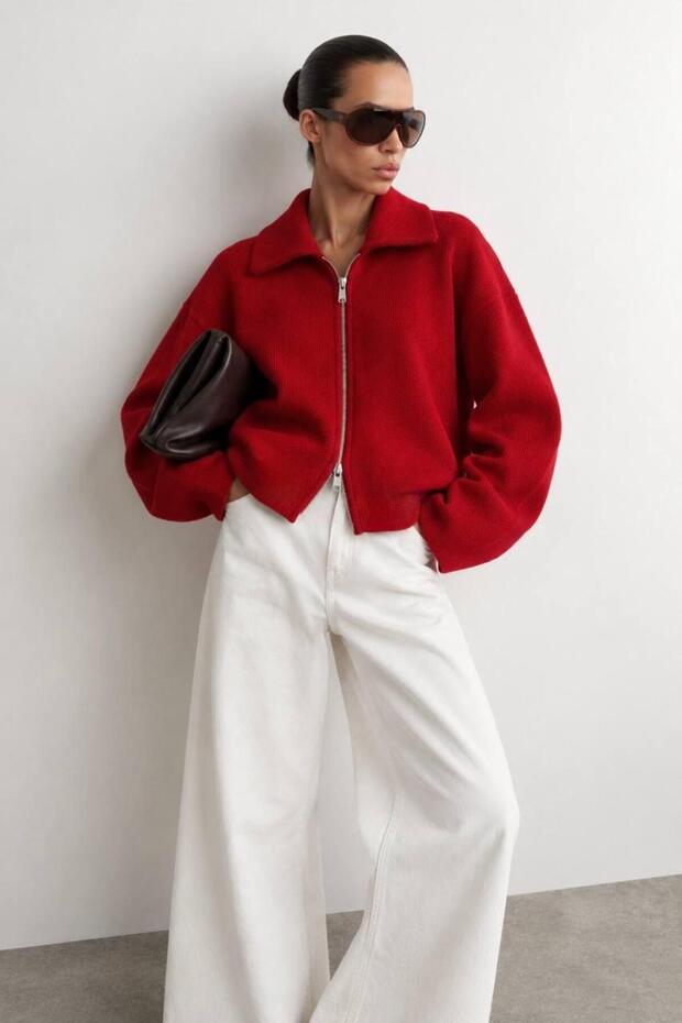 Elia Knitwear Zippered Cardigan – Women's Polo Collar Long Sleeve Fit-Cut Zippered Sweater