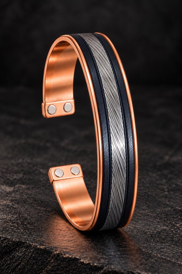 Men's Black Leather Detailed Silver Color Knitted Patterned Thick Copper Handcuff Bracelet