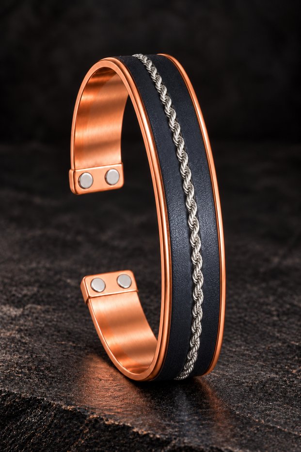Men's Thick Model Copper Bracelet with Steel Twist Chain and Double Magnet Model Pure Copper Bracelet