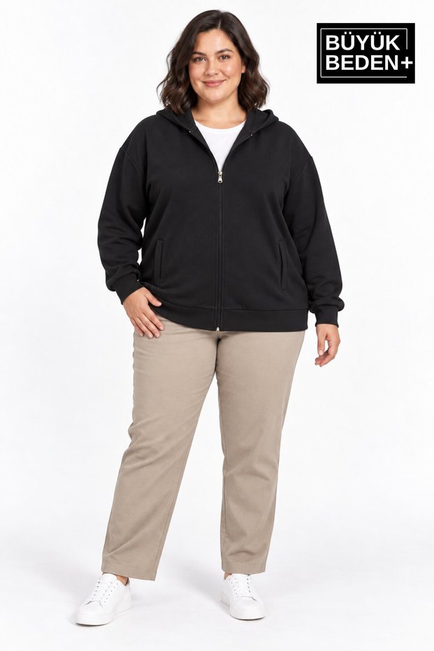 Women's Large Size Zippered Hooded Pocket Sweatshirt Cardigan Comfortable Fit Spr26Bhrk961