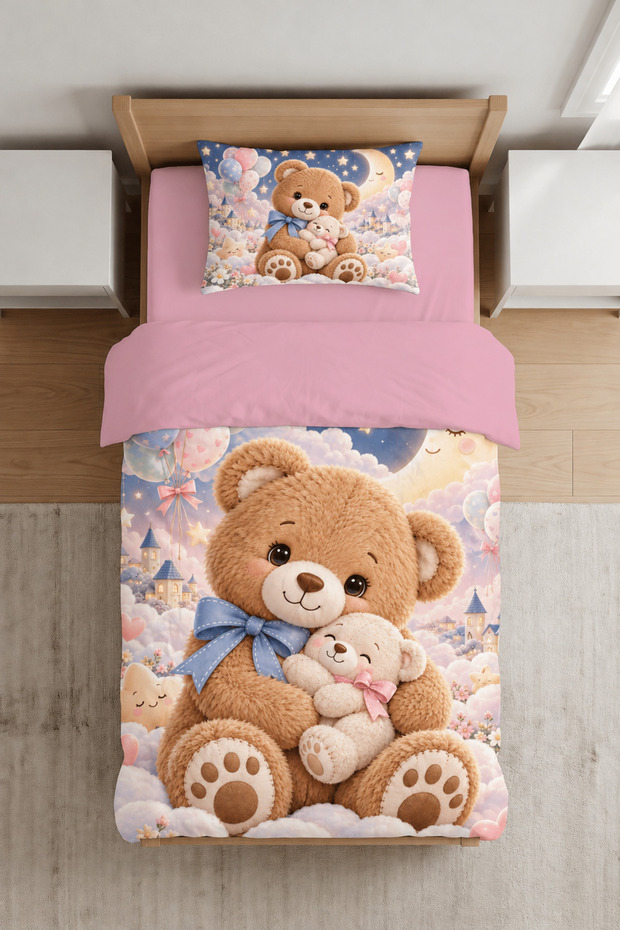 Cute Mother and Child Teddy Bear Patterned Single Girl's Duvet Cover Set - Without Sheets