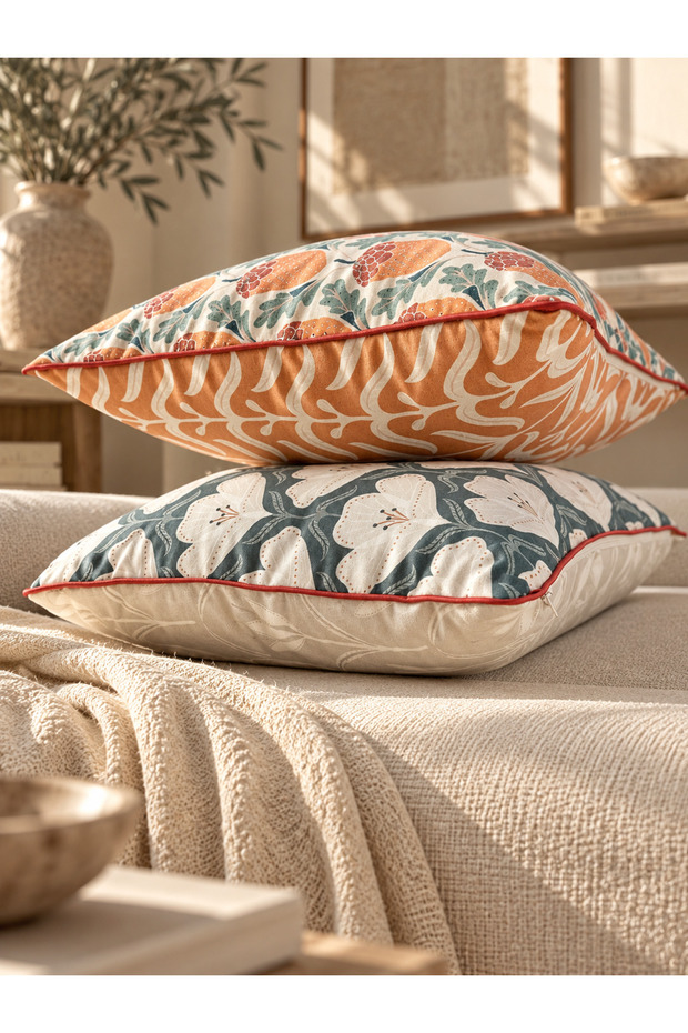 Set of 2 Decorative Cushion Covers with Piping and Digital Print 43X43 cm - Terra Bloom