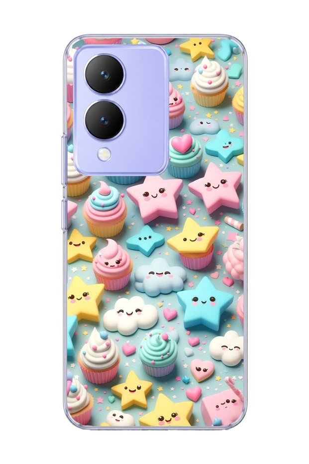 Vivo Y17S Compatible Pastel Cake Star Printed Transparent Phone Case