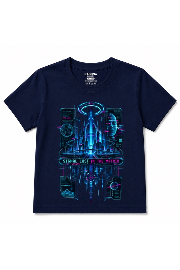 Signal Lost in the Matrix Cyberpunk Neon City Graphic Kids T-Shirt