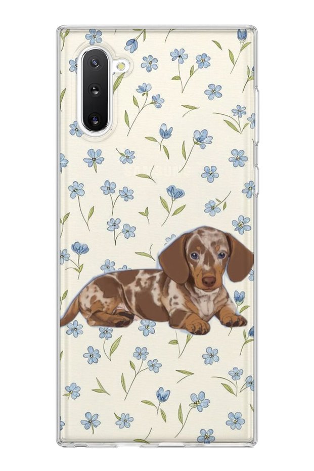 Samsung Galaxy Note 10 Compatible Sausage Dog Blue Flower Printed Transparent Phone Case
