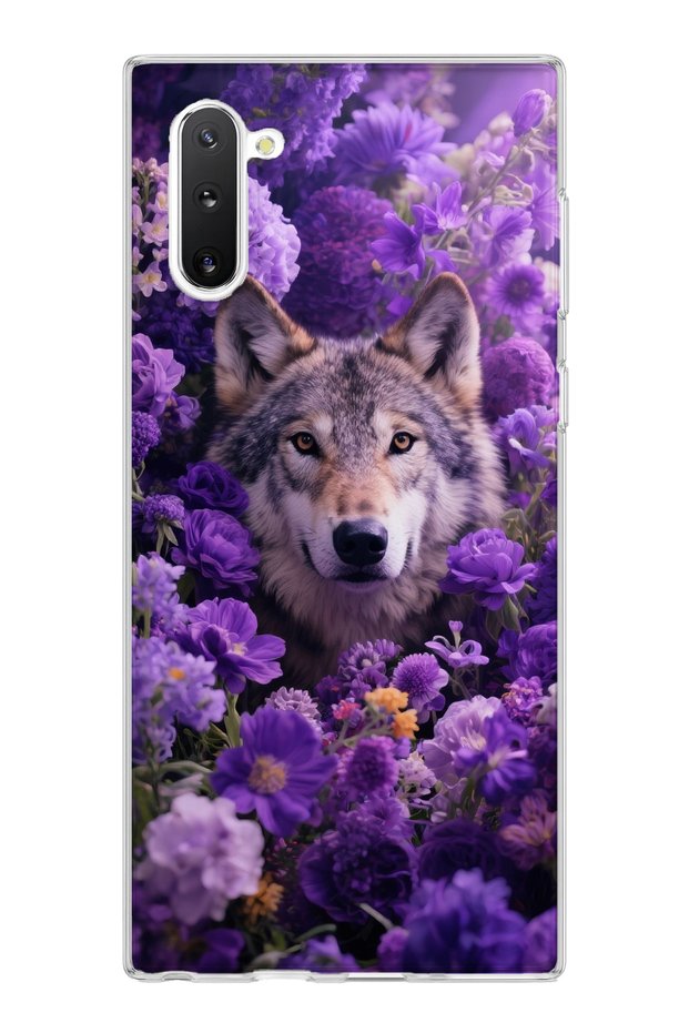 Samsung Galaxy Note 10 Compatible Wolf and Purple Flower Printed Transparent Phone Case