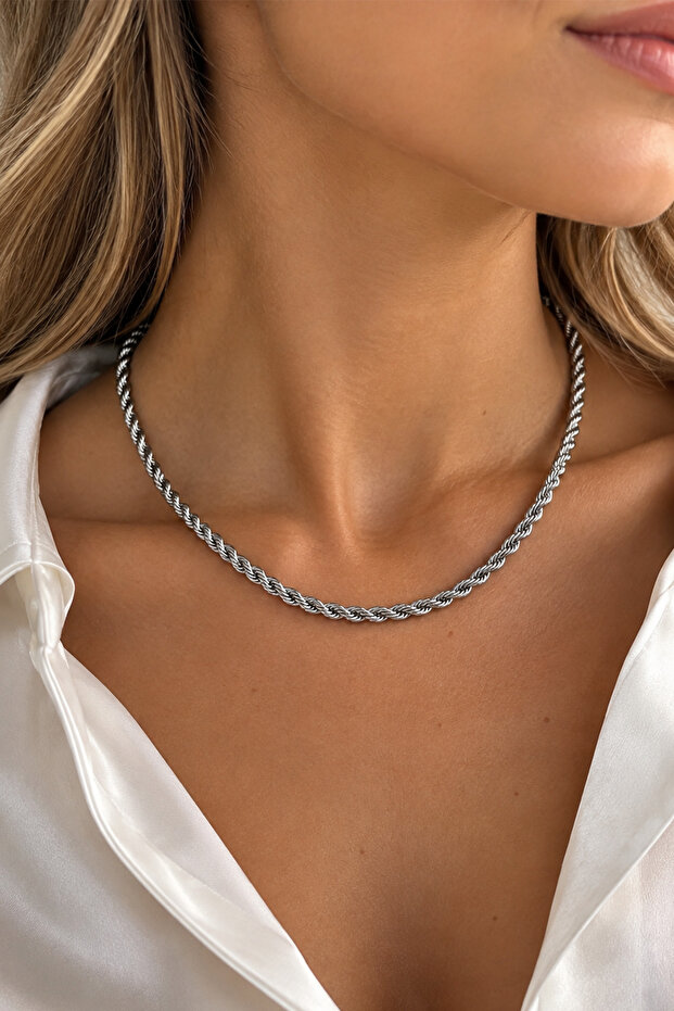 Silver Color Thin Twisted Rope Chain Necklace (45cm)