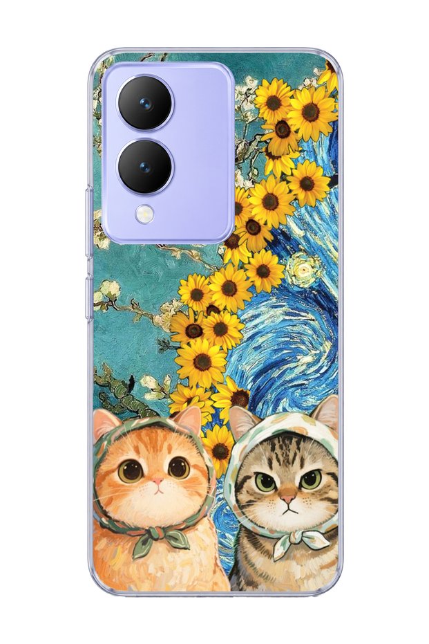 Vivo Y17S Compatible Starry Night Two Cats Printed Transparent Phone Case