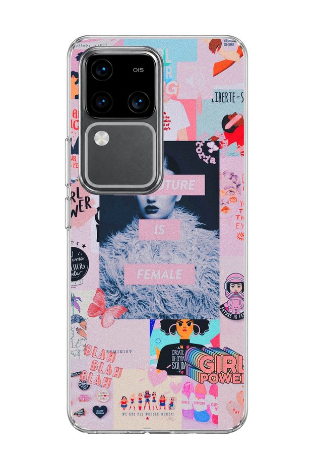 Vivo V30 5g Compatible Women's Power Pink Collage Printed Transparent Phone Case