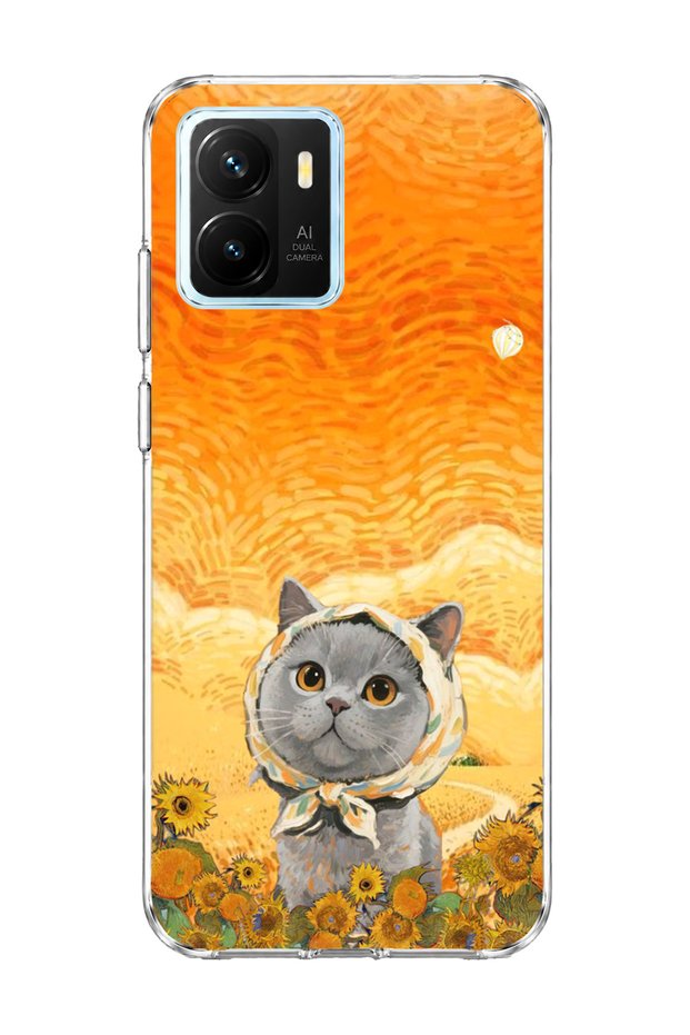 Vivo Y15S Compatible Gray Cat Sunflower Printed Transparent Phone Case with Scarf