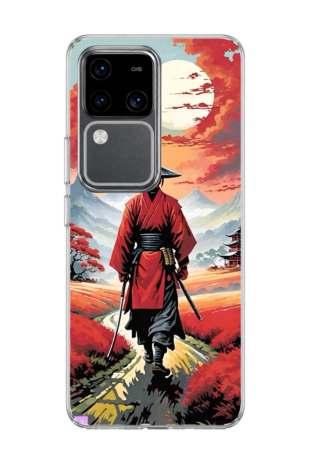 Vivo V30 5g Compatible Red Kimono Samurai Printed Transparent Phone Case