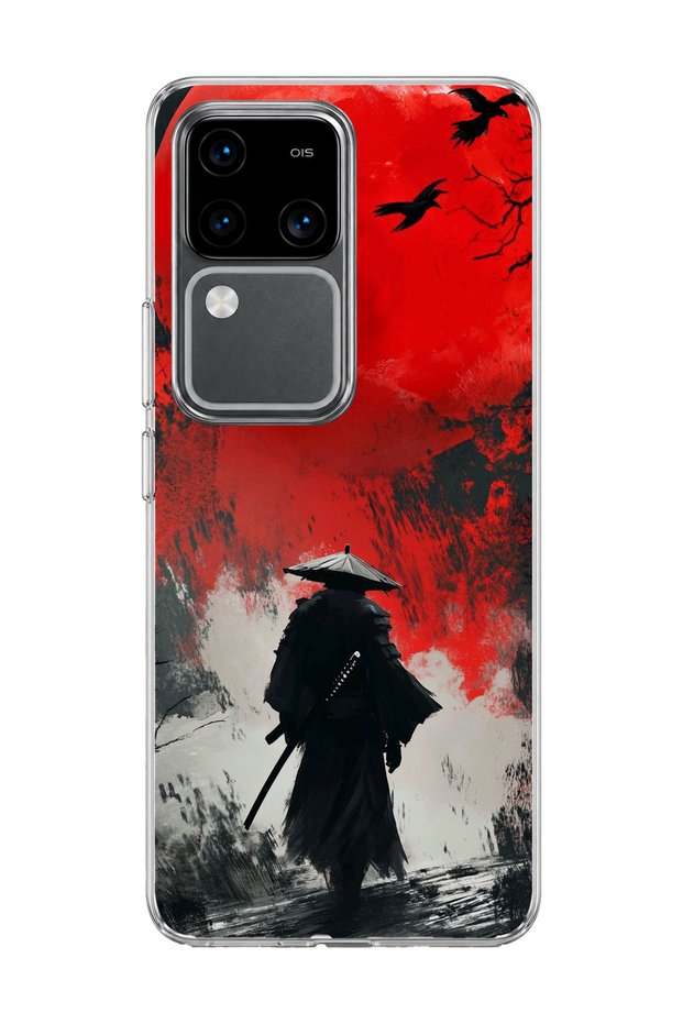 Vivo V30 5g Compatible Samurai Red Sun Crow Printed Transparent Phone Case