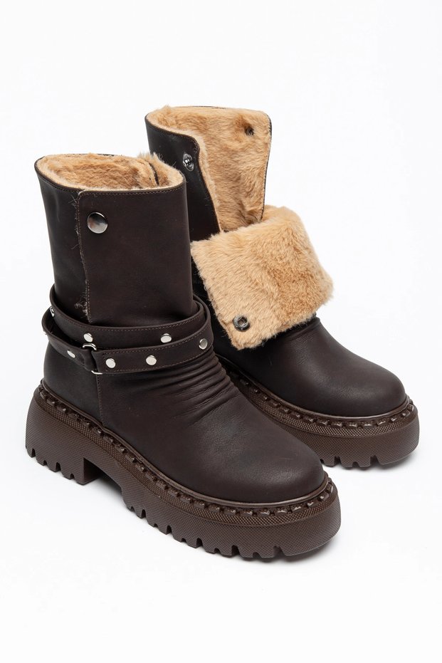 Bitter Brown Furry Foldable Women's Boots with Snap Fasteners and Belt