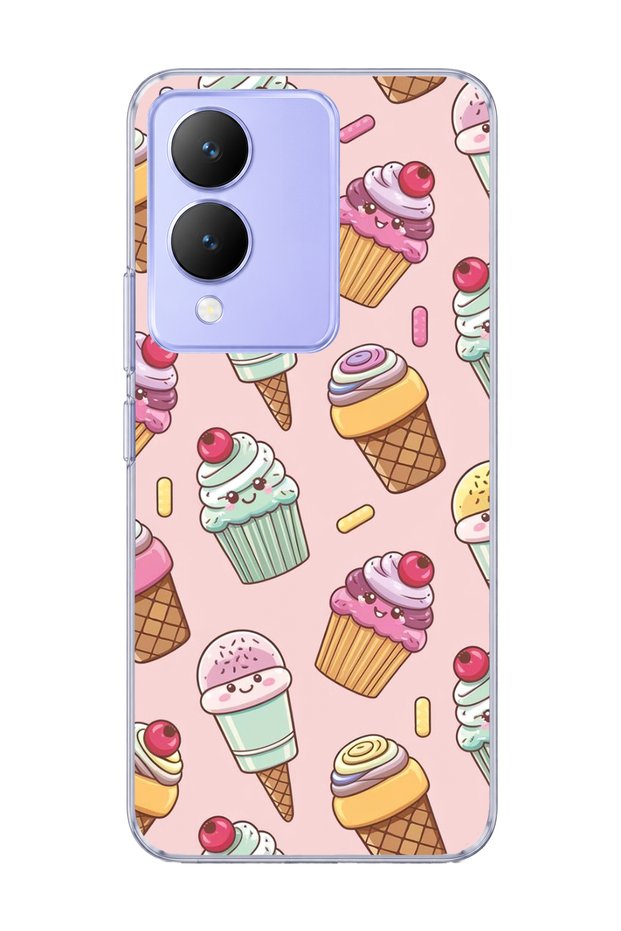 Vivo Y17S Compatible Ice Cream Cake Pink Printed Transparent Phone Case