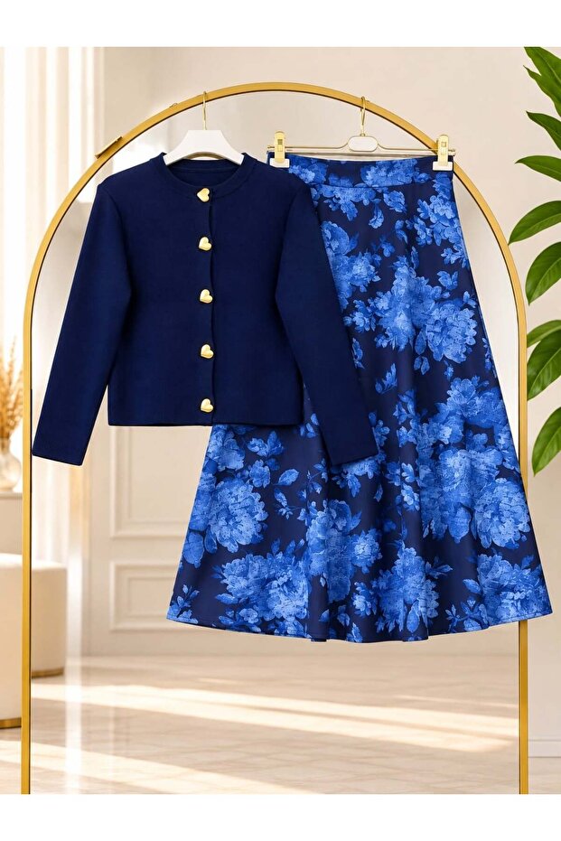 Women's hijab gold heart button detailed floral patterned skirt suit navy blue