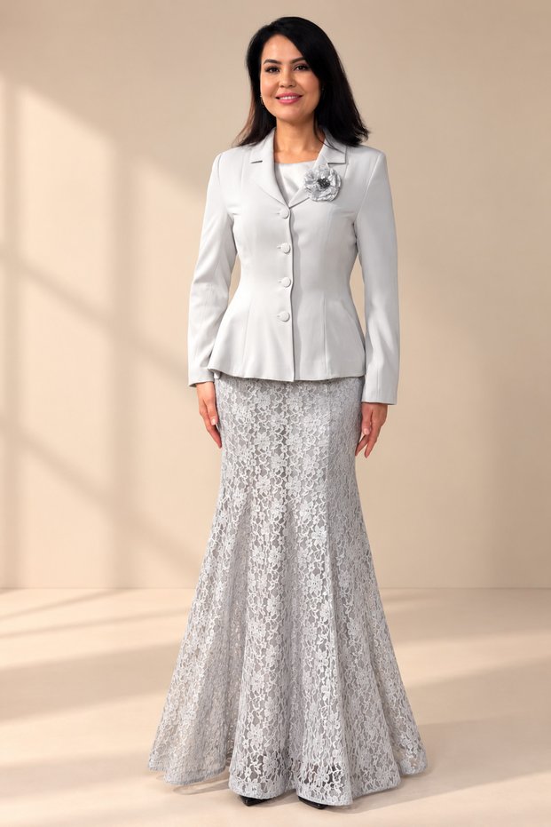Women's Peplum Jacket Skirt Two-Piece Set - Tie Back Jacket and Lined Long Lace Skirt
