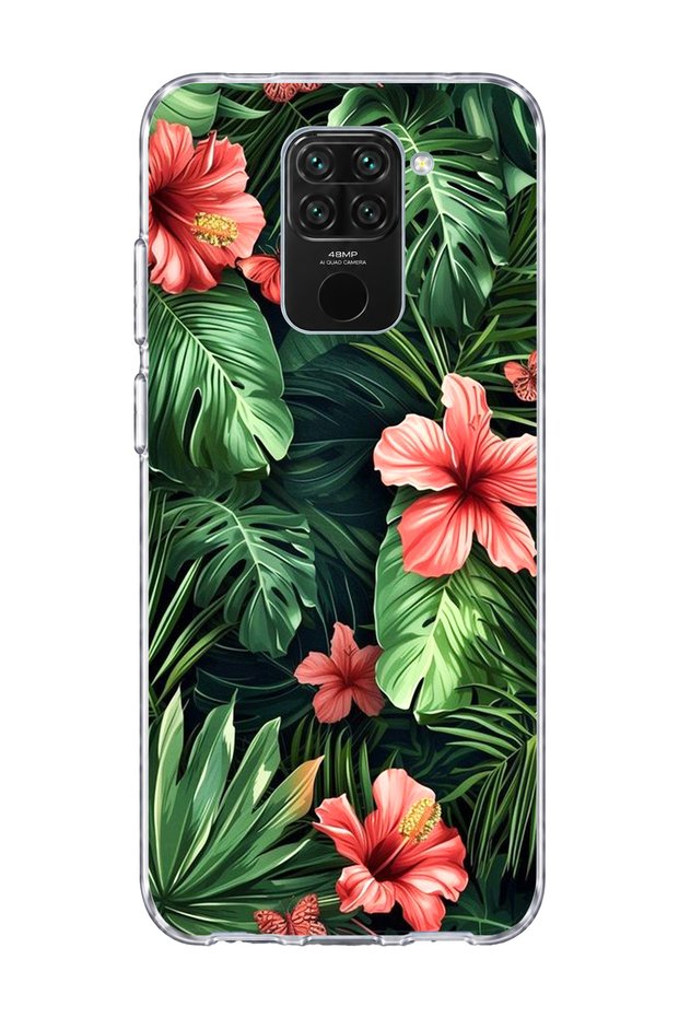 Redmi Note 9 Compatible Red Flower Tropical Leaf Printed Transparent Phone Case