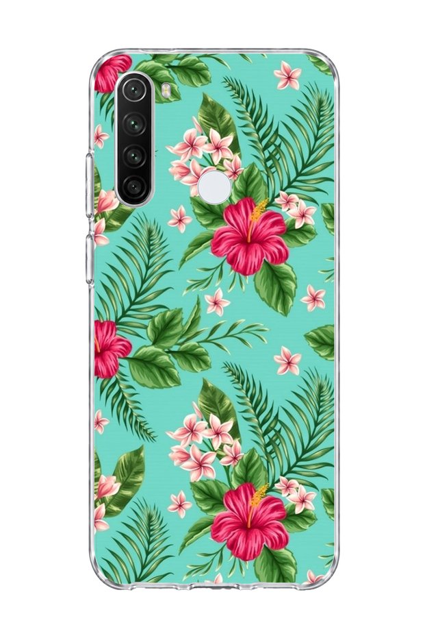 Redmi Note 8 Compatible Turquoise Tropical Flower Printed Transparent Phone Case