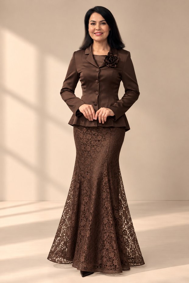 Women's Peplum Jacket Skirt Two-Piece Set - Tie Back Jacket and Lined Long Lace Skirt