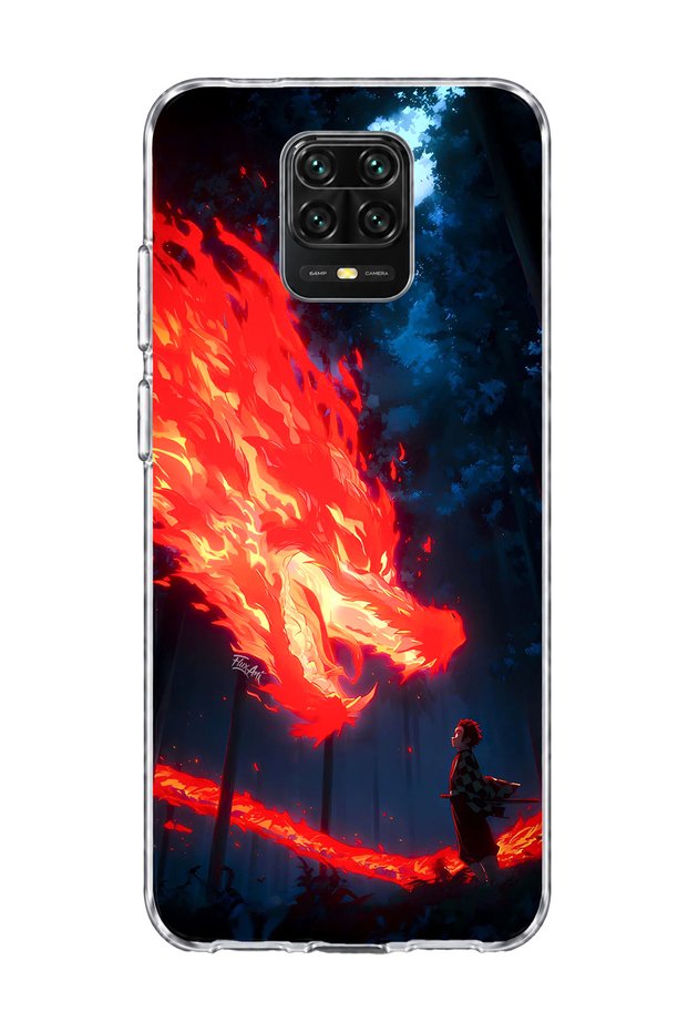 حافظة هاتف شفافة متوافقة مع Redmi Note 9 Pro مطبوعة بطبعة Fire Dragon Forest