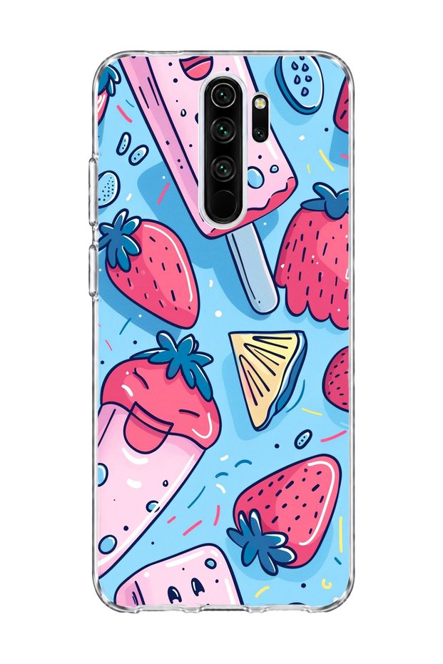 Redmi Note 8 Pro Compatible Strawberry Ice Cream Blue Printed Transparent Phone Case