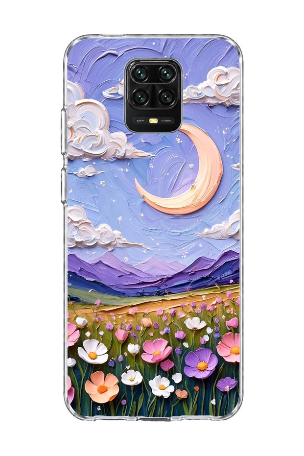 Redmi Note 9 Pro Compatible Crescent and Flower Field Printed Transparent Phone Case