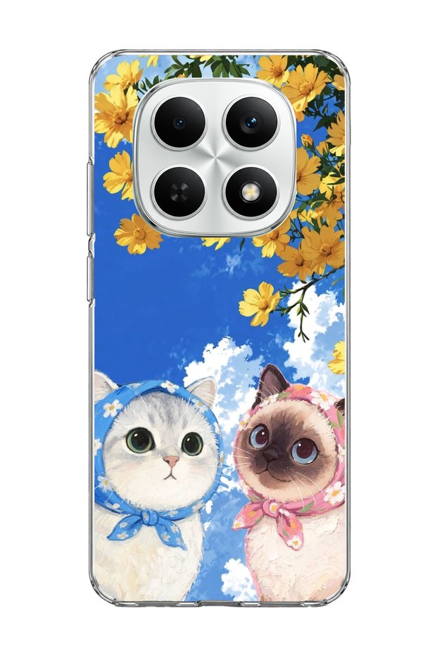 Redmi Note 15 4g Compatible Transparent Phone Case with Scarf and Cats Yellow Flower Print