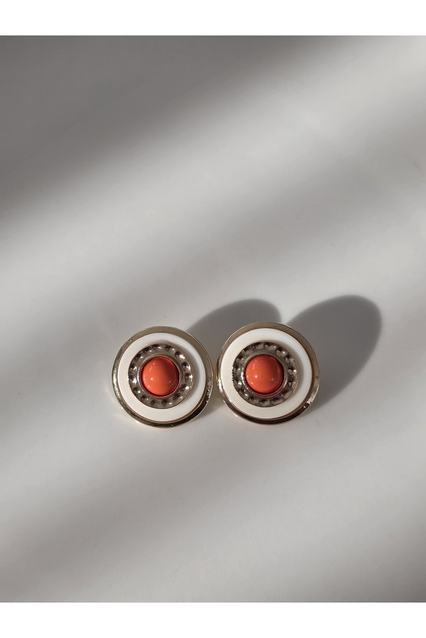 Gold Round Framed White, Orange Enamel Vintage Earrings