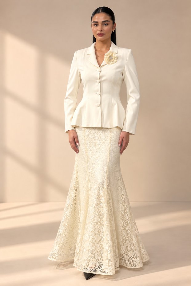 Women's Peplum Jacket Skirt Two-Piece Set - Tie Back Jacket and Lined Long Lace Skirt