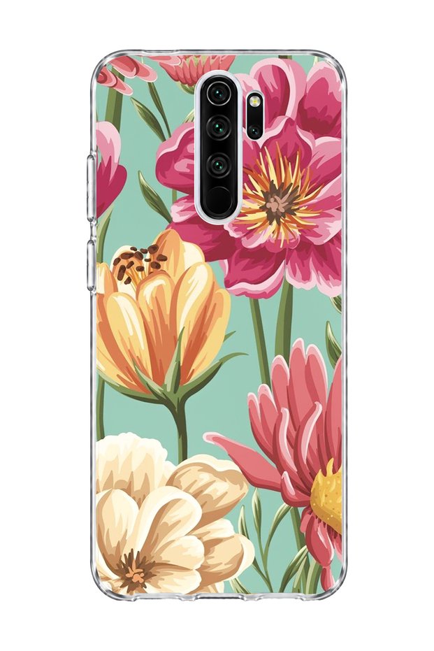 Redmi Note 8 Pro Compatible Large Flower Mint Green Printed Transparent Phone Case