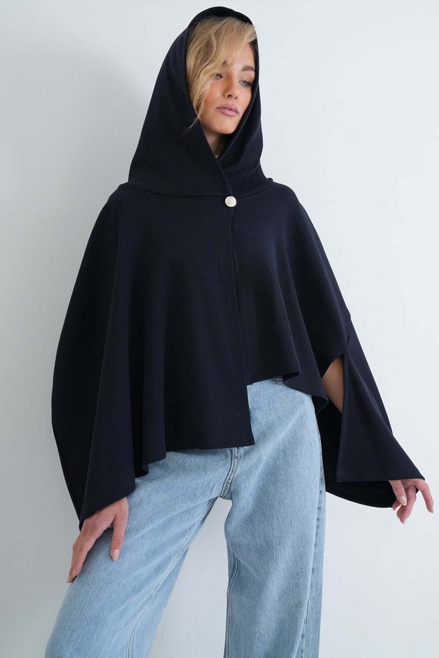 Women's Navy Blue Hooded Buttoned Unlined Cape Alc-X15927