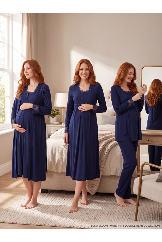 New Season Navy Blue Lace Detailed Buttoned Design Long Sleeve 100% Cotton Maternity Maternity Dressing Gown Nightgown Pajama Set 4-Piece Set
